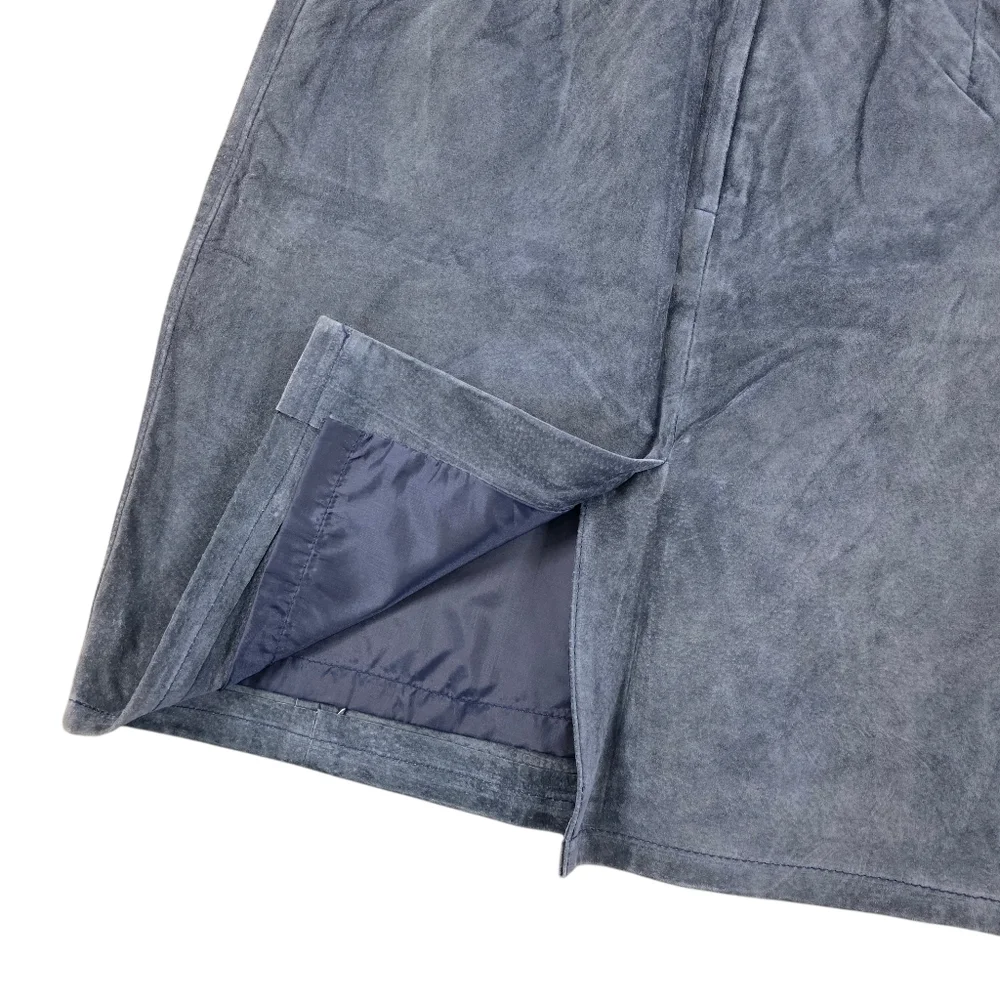Vintage 90s Dusky Blue Genuine Suede Leather Pencil Skirt 11/12 Lined Midi - Picture 3 of 6
